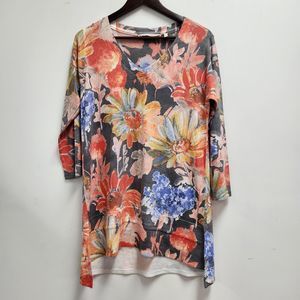 Soft Surroundings Womens V Neck 3/4 Sleeve Tunic Size S Orange Gray Floral Hi Lo